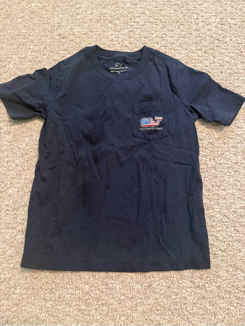 Vineyard Vines Navy Short Sleeve Pocket Tee with Flag Whale 4T